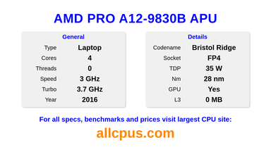AMD PRO A12-9830B APU CPU Specifications and Benchmark