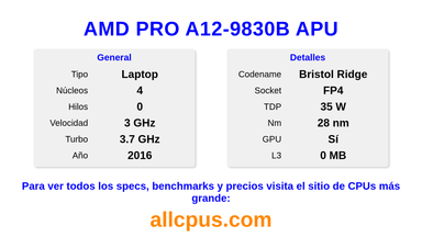 AMD PRO A12-9830B APU Especificaciones y benchmarks de la CPU