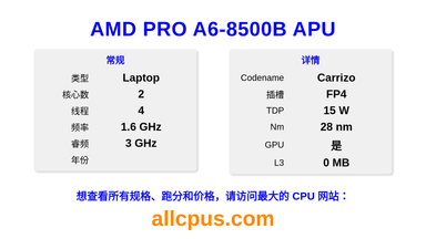 AMD PRO A6-8500B APU CPU 规格和跑分