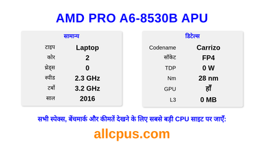 AMD PRO A6-8530B APU CPU की स्पेसिफिकेशन और बेंचमार्क