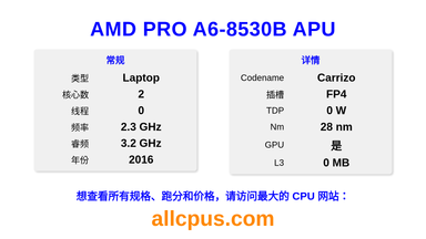 AMD PRO A6-8530B APU CPU 规格和跑分