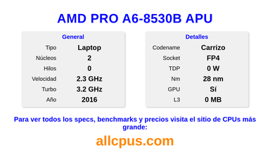 AMD PRO A6-8530B APU Especificaciones y benchmarks de la CPU