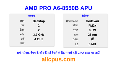 AMD PRO A6-8550B APU CPU की स्पेसिफिकेशन और बेंचमार्क