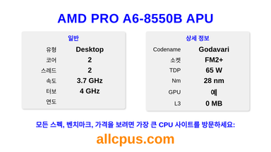AMD PRO A6-8550B APU CPU 사양과 벤치마크