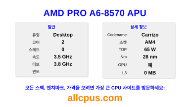 AMD PRO A6-8570 APU CPU 사양과 벤치마크