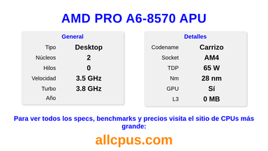 AMD PRO A6-8570 APU Especificaciones y benchmarks de la CPU