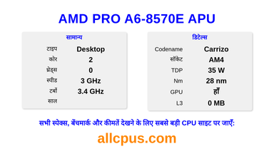 AMD PRO A6-8570E APU CPU की स्पेसिफिकेशन और बेंचमार्क