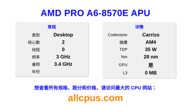 AMD PRO A6-8570E APU CPU 规格和跑分