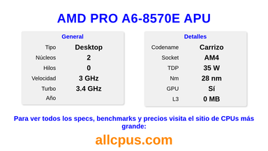 AMD PRO A6-8570E APU Especificaciones y benchmarks de la CPU