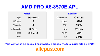 AMD PRO A6-8570E APU Especificações e benchmarks da CPU