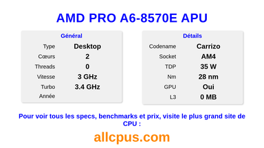 AMD PRO A6-8570E APU Spécifications et benchmarks du CPU
