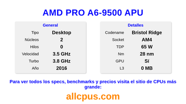 AMD PRO A6-9500 APU Especificaciones y benchmarks de la CPU
