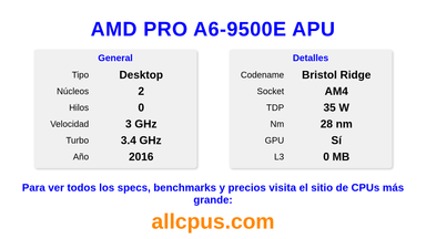 AMD PRO A6-9500E APU Especificaciones y benchmarks de la CPU