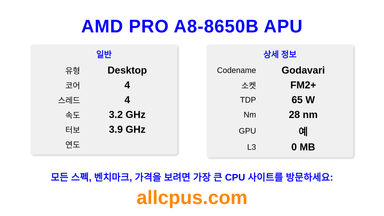 AMD PRO A8-8650B APU CPU 사양과 벤치마크