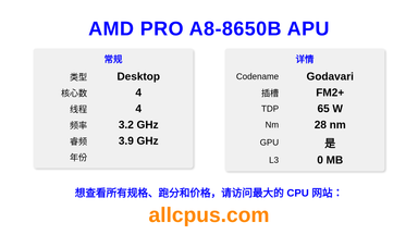 AMD PRO A8-8650B APU CPU 规格和跑分