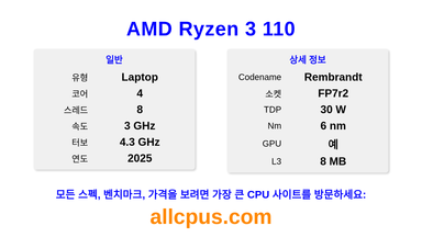AMD Ryzen 3 110 CPU 사양과 벤치마크