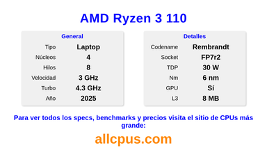 AMD Ryzen 3 110 Especificaciones y benchmarks de la CPU
