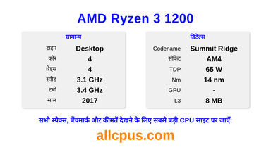 AMD Ryzen 3 1200 CPU की स्पेसिफिकेशन और बेंचमार्क