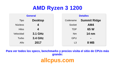 AMD Ryzen 3 1200 Especificaciones y benchmarks de la CPU