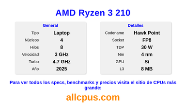 AMD Ryzen 3 210 Especificaciones y benchmarks de la CPU
