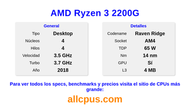 AMD Ryzen 3 2200G Especificaciones y benchmarks de la CPU