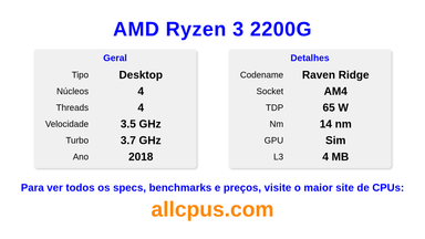 AMD Ryzen 3 2200G Especificações e benchmarks da CPU