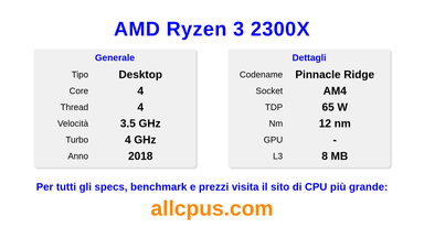 AMD Ryzen 3 2300X Specifiche e benchmark della CPU