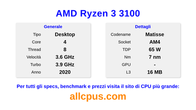 AMD Ryzen 3 3100 Specifiche e benchmark della CPU
