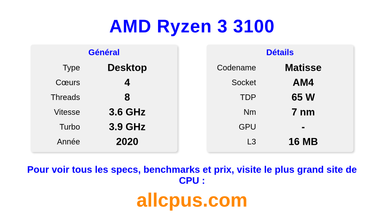 AMD Ryzen 3 3100 Spécifications et benchmarks du CPU