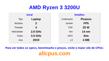 AMD Ryzen 3 3200U Especificações e benchmarks da CPU