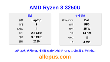 AMD Ryzen 3 3250U CPU 사양과 벤치마크