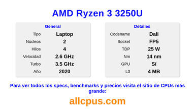AMD Ryzen 3 3250U Especificaciones y benchmarks de la CPU