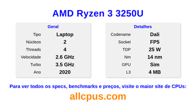 AMD Ryzen 3 3250U Especificações e benchmarks da CPU