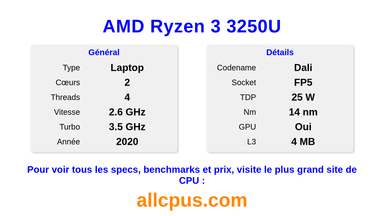 AMD Ryzen 3 3250U Spécifications et benchmarks du CPU