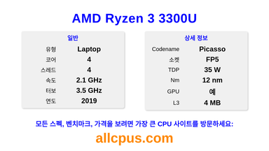 AMD Ryzen 3 3300U CPU 사양과 벤치마크