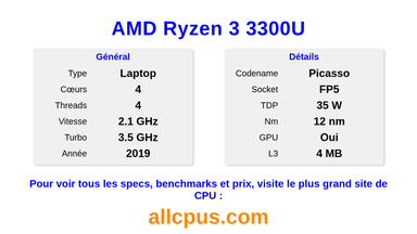 AMD Ryzen 3 3300U Spécifications et benchmarks du CPU