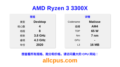 AMD Ryzen 3 3300X CPU 规格和跑分