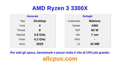 AMD Ryzen 3 3300X Specifiche e benchmark della CPU
