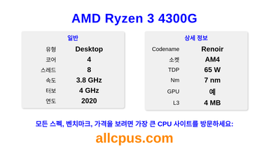 AMD Ryzen 3 4300G CPU 사양과 벤치마크