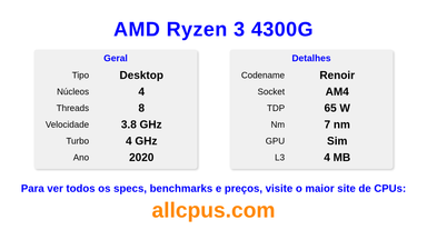 AMD Ryzen 3 4300G Especificações e benchmarks da CPU