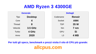 AMD Ryzen 3 4300GE Specifiche e benchmark della CPU