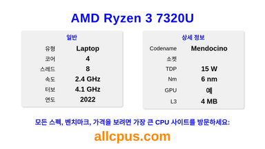 AMD Ryzen 3 7320U CPU 사양과 벤치마크