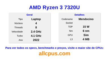 AMD Ryzen 3 7320U Especificações e benchmarks da CPU
