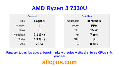 AMD Ryzen 3 7330U Especificaciones y benchmarks de la CPU