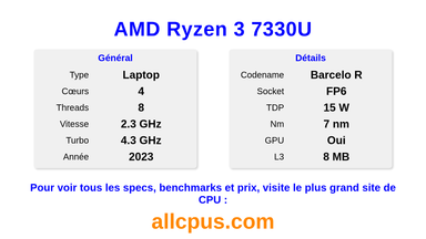AMD Ryzen 3 7330U Spécifications et benchmarks du CPU