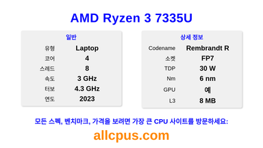 AMD Ryzen 3 7335U CPU 사양과 벤치마크
