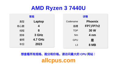 AMD Ryzen 3 7440U CPU 规格和跑分