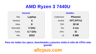 AMD Ryzen 3 7440U Especificaciones y benchmarks de la CPU