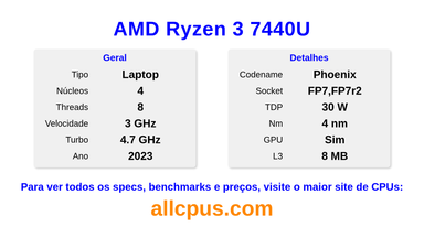 AMD Ryzen 3 7440U Especificações e benchmarks da CPU