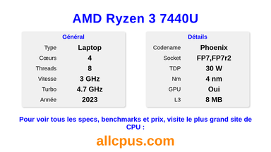AMD Ryzen 3 7440U Spécifications et benchmarks du CPU